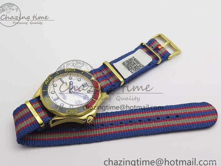 0327 Modern Seamaster 300M 007 YG URF 1:1 Best Edition White Dial Ceramic Bezel On Nylon Strap A 8115